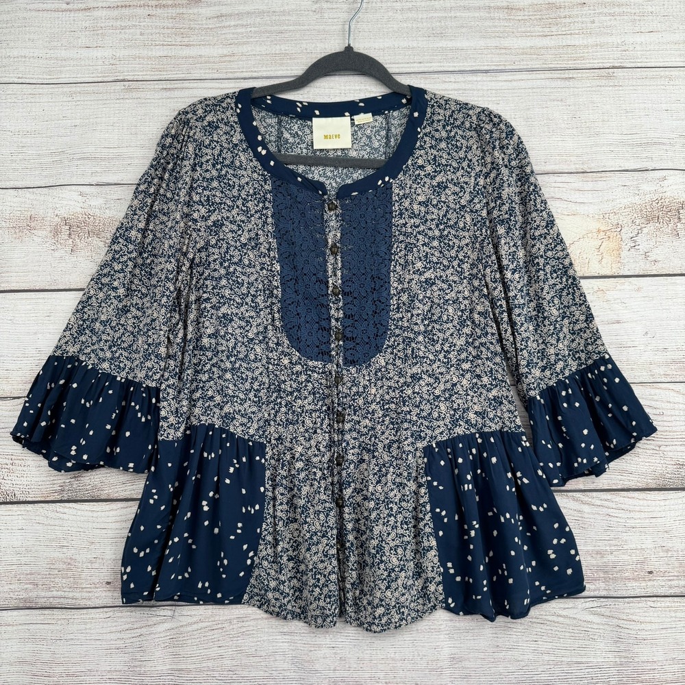 Maeve Blouse Women 10 Navy Blue Floral Lace Peplum Ruffle 3/4 Sleeve Top
